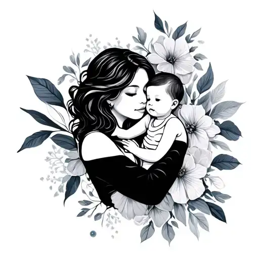 Floral Mother Holding Baby Girl