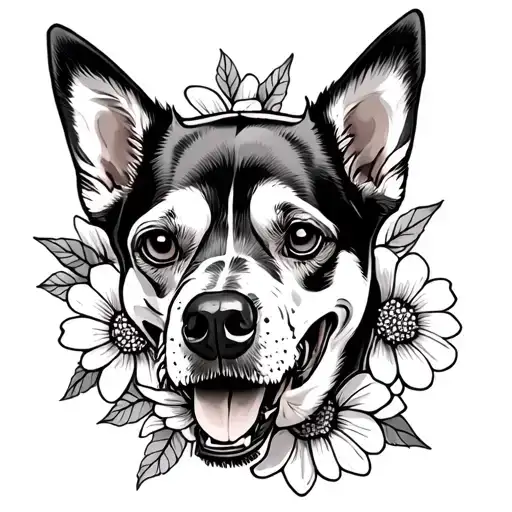Dead Dog Tattoo With Flowers