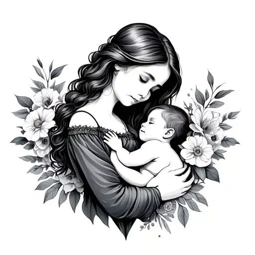 Floral Mother Holding Baby Girl Fine Line