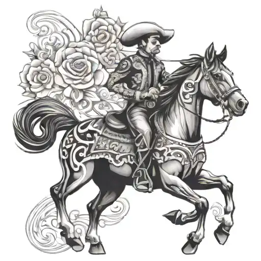 Design A Black-grey Tattoo Featuring A Charro Riding A Majestic Black Horse With Intricate Detailing