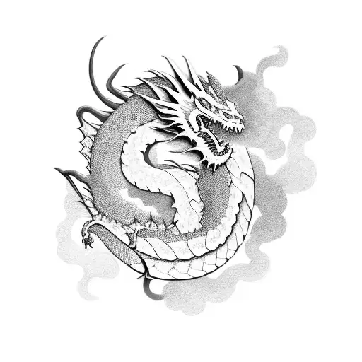 A Black And Grey Dragon Emerging From A Japanese Art-inspired Landscape