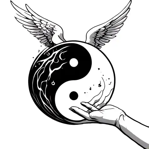An Angel Reaching Out To A Yin Yang Symbol