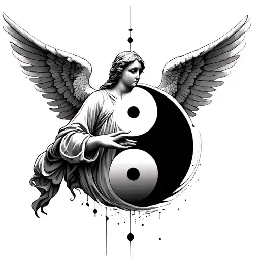 An Angel Figure Reaching Out To A Yin Yang Symbol