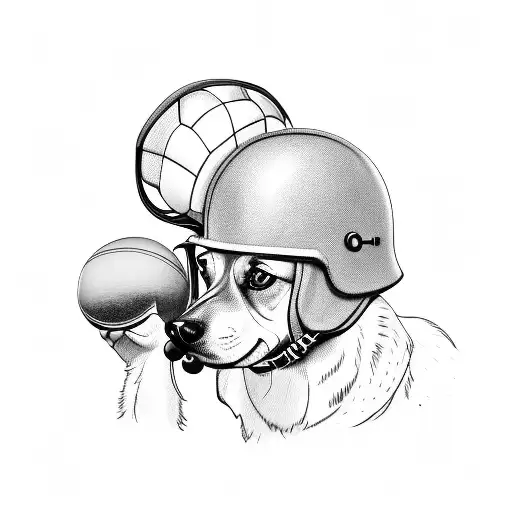 A Dog Wearing A Soldier's Helmet And Holding A Basketball In Its Mouth