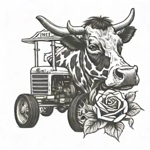 Cow With A Rose And A Tractor