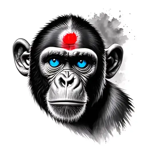 Realism Monkey Face Blue Eyes Red Mark On Forehead