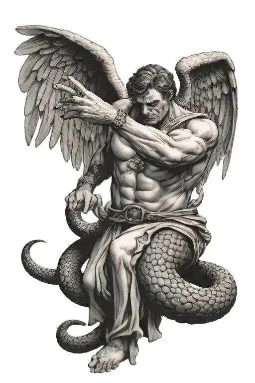 An Angel Crushing A Snake With His Fist