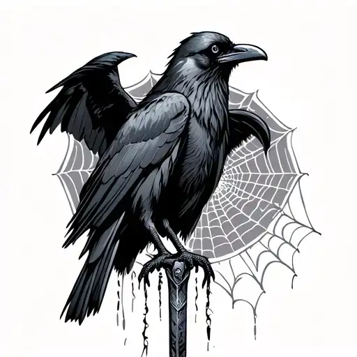 Crow With Grim Reaper And Sheath In Background And Cob Webs Hanging On The Sheath