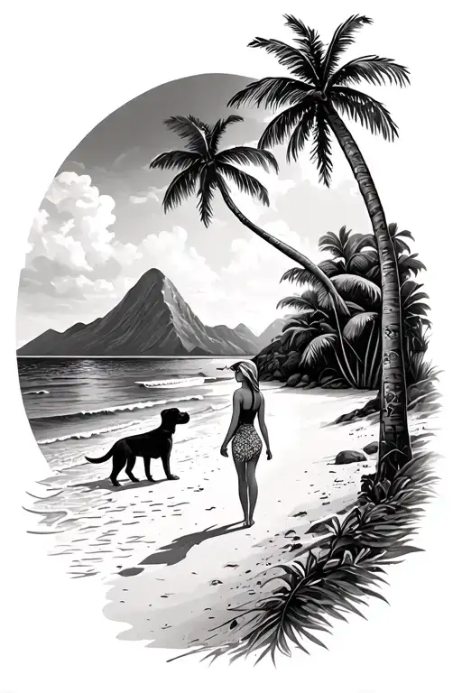 Beach Scene With Mountain And Palm Trees Girl And Dog On The Beach