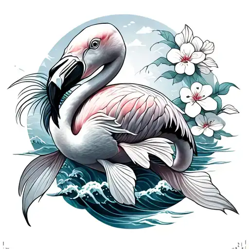 Koi Fish With A Flamingo Tattoo With Waves And Cherry Blossoms