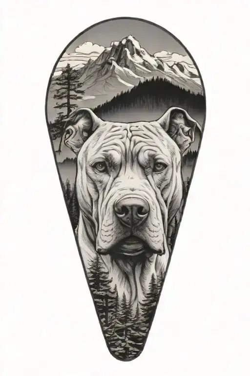 Light Looking Pitbull Dog With Background Of Trees And Mountains