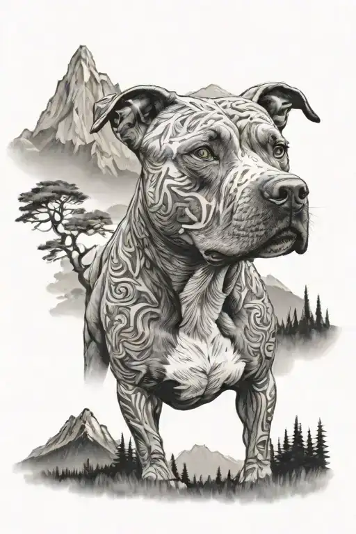 Light Looking Pitbull Dog With Background Of Trees And Mountains