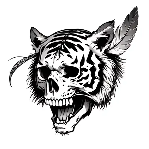 Skull Tattoo With Tiger Fur And Feathers