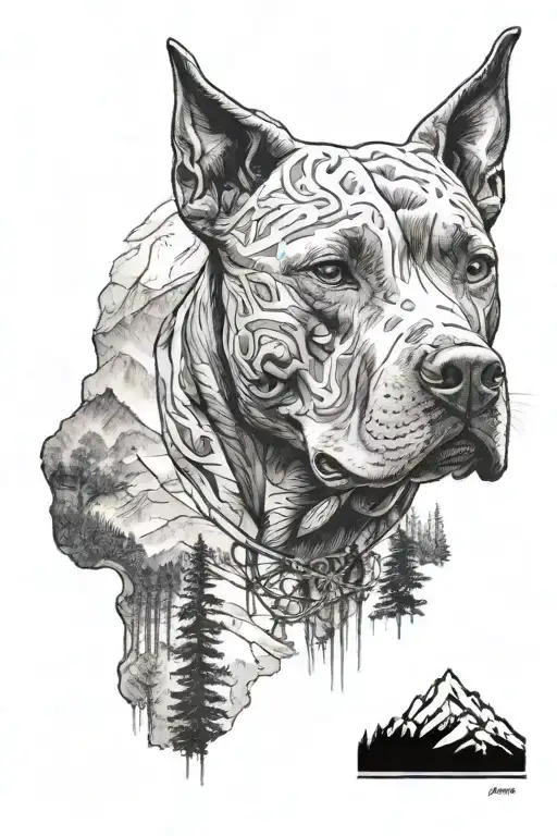 Light Looking Pitbull Dog With Background Of Trees And Mountains