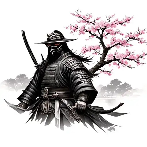 Samurai In Mask Standing Under Cherry Blossom Tree
