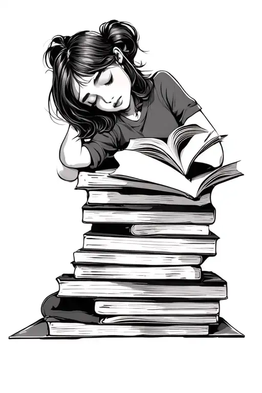 Stack Of Books With Girl Reclining On Top Book Reading A Book