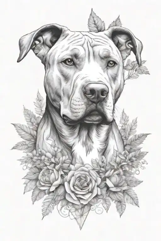 Pitbull Head With Brackground Of Nature Elements