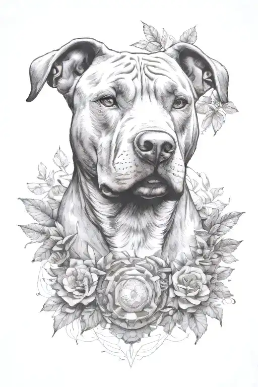 Pitbull Head With Brackground Of Nature Elements