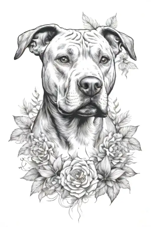 Pitbull Head With Brackground Of Nature Elements