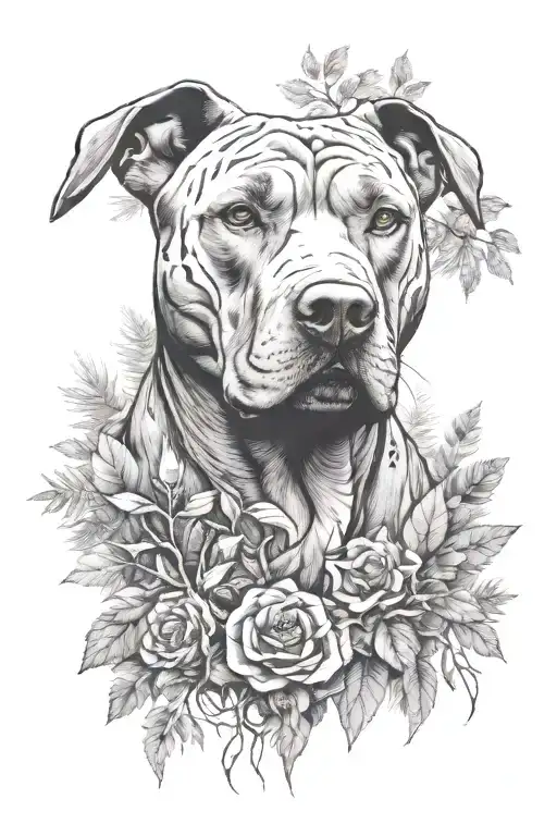 Pitbull Head With Brackground Of Mountain And Trees