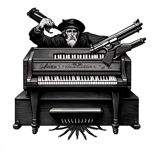Make Tattoo Of Playing Harmonium On Arm With Gun In Right Hand