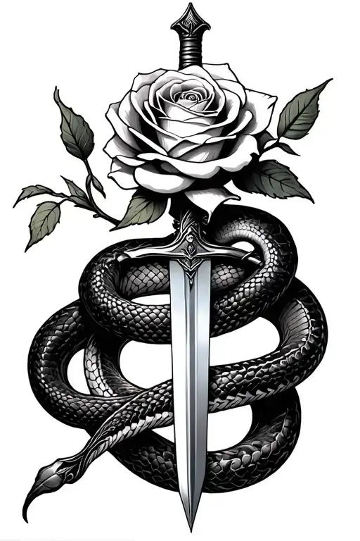 Rose With Stem With Sword Going Through It With A Snake Wrapped Around It