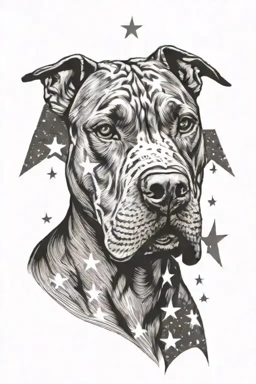 Graphite Pencil Style Pitbull Head With Stars As A Background