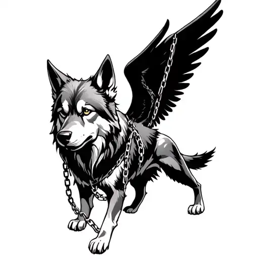 Engravibg Style Wolf Like Canine With Chains And Wings