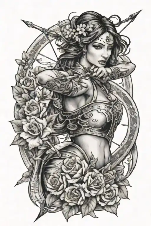Sagittarius Tattoo With Woman Archer And Zodiacs Symbols Behind With Flowers