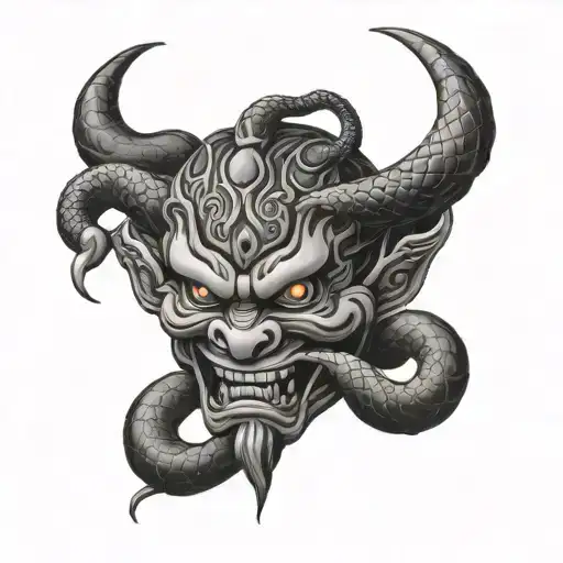 Oni Mask And Snake Intertwined