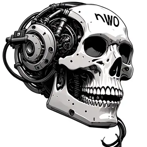 A Robotic Skull With Tubes And Wires With Letters Nwo On Its Forehead