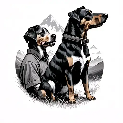 Man And Dog Looking Off At Mountains In The Distance