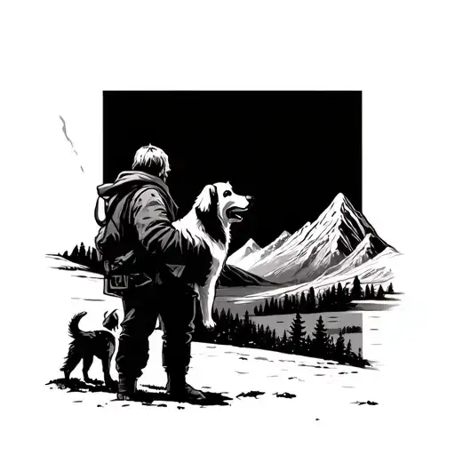 Man Standing With A Dog Looking Off At Mountains In The Distance