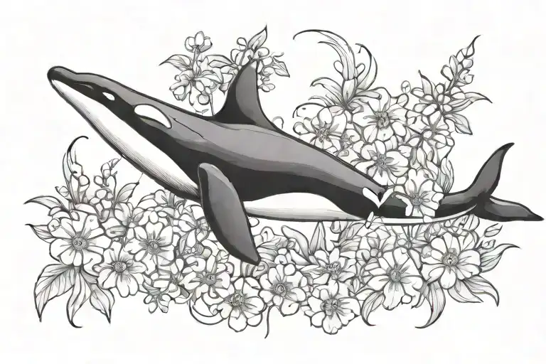 An Elegant Black And Grey Orca Swimming Gracefully Through A Sea Of Blooming Flowers