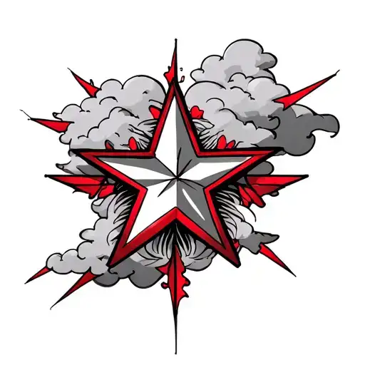 5 Red Five Pointed Stars Outlined In Black Surrounded By Clouds