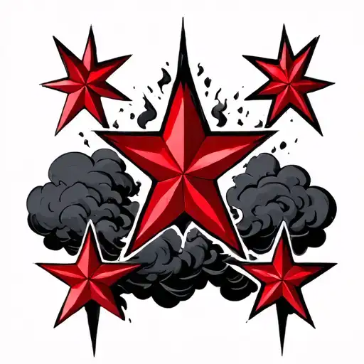 Red Five Pointed Stars Outlined In Black Surrounded By Black Clouds