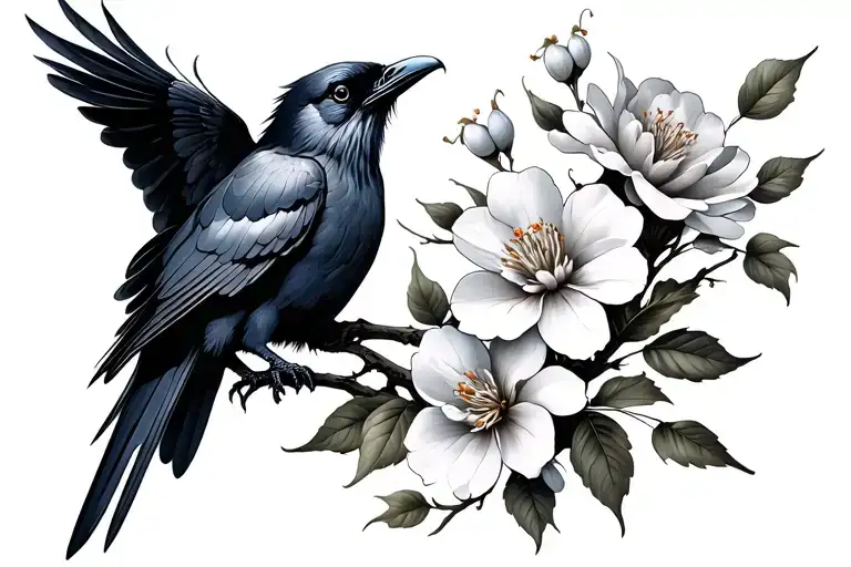 Plum Flowers With 3 Delicate Raven Flying