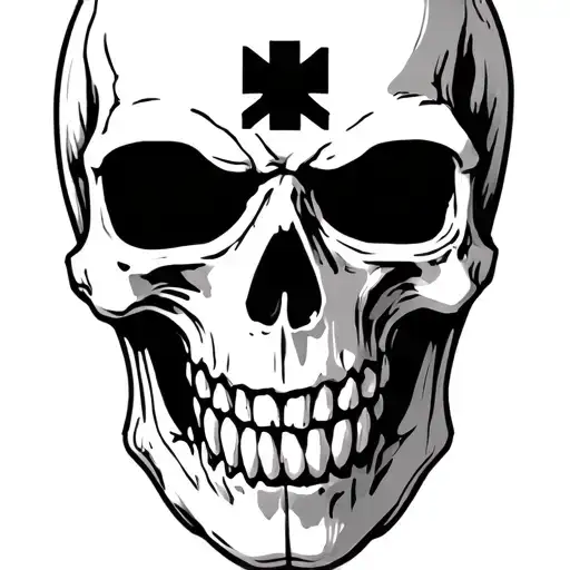 Simple Army Skull With Cross On Forhead Evil Mouth With Teeth