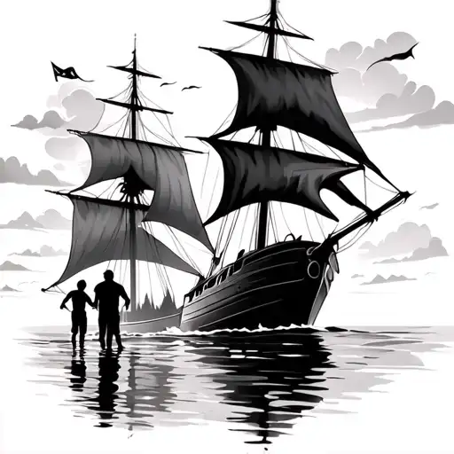 Sailing Ship Sailing Past A Dad And Toddler Standing On Tbe Shore