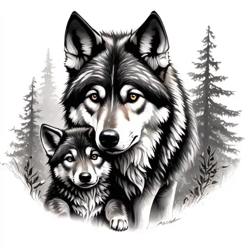 Dad Wolf With Cub Woodland Behind