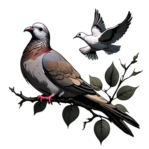 Dove Sitting On Branch With Leaves Looking At Another Dove Flying Away