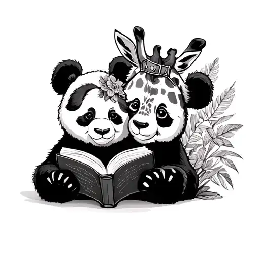 Panda And Giraffe Reading A Book