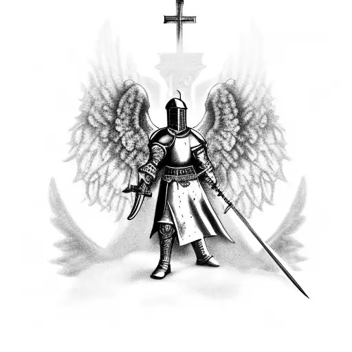 A Black-grey Tattoo Of A Medieval Knight With Angel Wings Standing In Front Of A Gothic Church