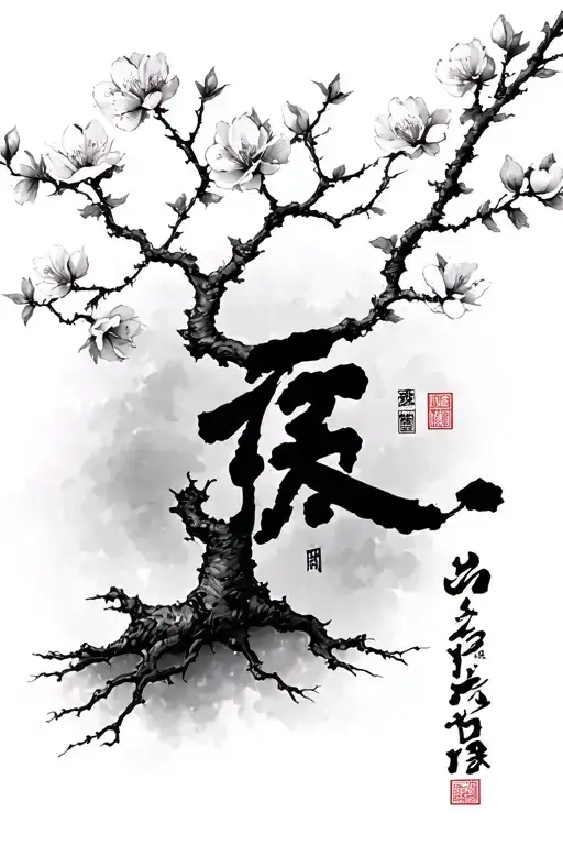 Plum Blossom Tree With Chinese Calligraphy