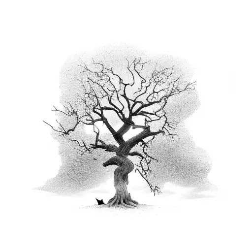 Dead Oak Tree With Crow And Gravestone