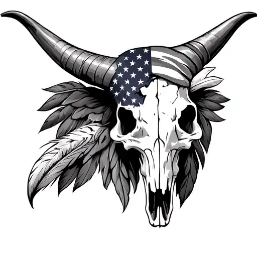 Longhorn Skull With Tattered American Flag On One Horn And Eagle Feathers On The Other