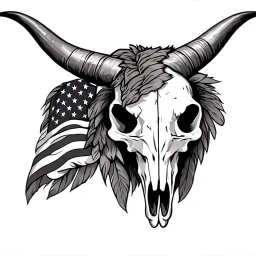 Longhorn Skull With Tattered American Flag On One Horn And Eagle Feathers On The Other