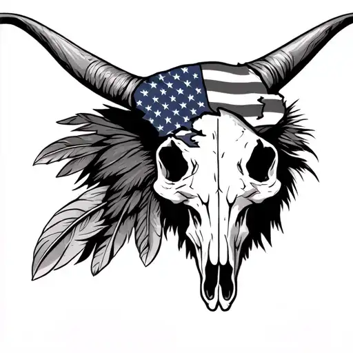 Longhorn Skull With Tattered American Flag On One Horn And Eagle Feathers On The Other