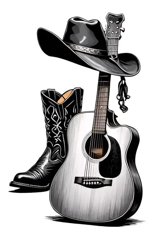 Acoustic Guitar With A Cowboy Hat Hanging Off The Top Next To A Pair Of Black Cowboy Boots