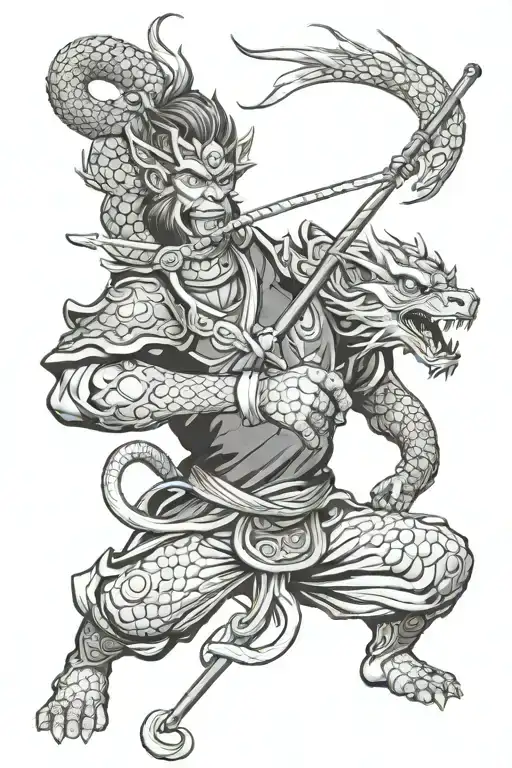 Wukong Wielding A Staff Vs A Dragon